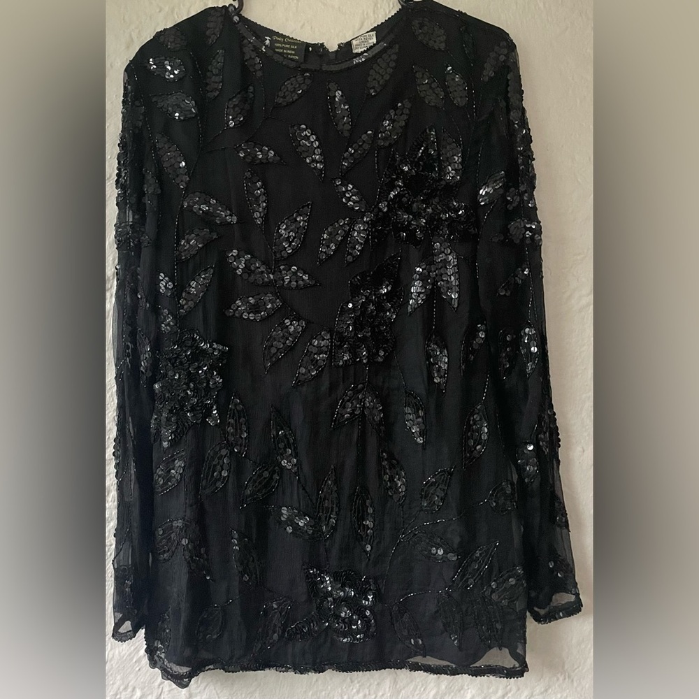 Vintage Black Bleaded 100% silk lined long sleeve cocktail dress/tunic; size M